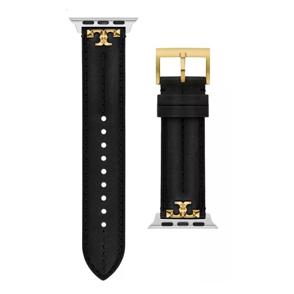 NEW Tory Burch The Kira Black Leather Strap Band For Apple Watch 11 42 Gold - Picture 2 of 7